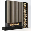 Modern Fireplace Interior With Flames And Decorative Wood Logs By Striped Panel