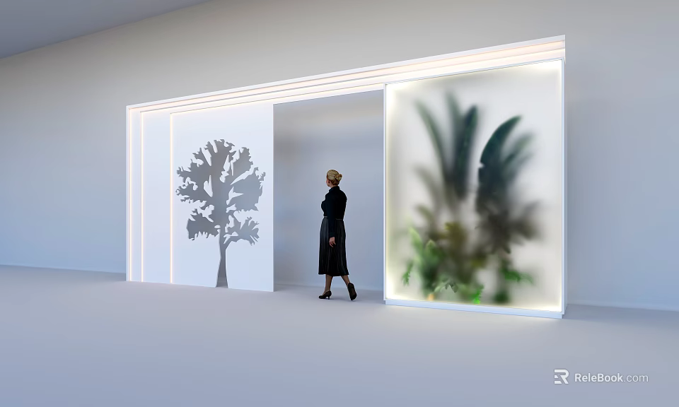 Modern Shop Window Display With Tree Shadow Green Plants And Bright Lighting 3d model 