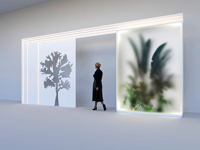 Modern Shop Window Display With Tree Shadow Green Plants And Bright Lighting 3d model