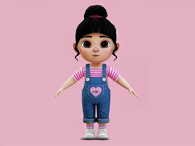 Cartoon Girl Black Bun Hair Pink Striped Shirt Blue Overalls Heart Design On Pink Background 3d model