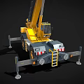 Yellow Mobile Crane With Extended Boom And Outriggers On Black Background