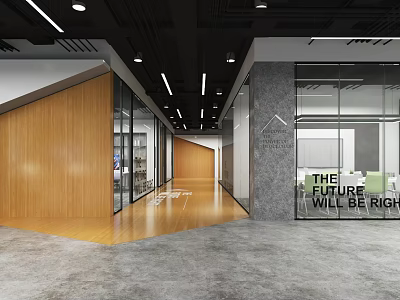 Modern Office Interior Design Featuring Wooden Walls Glass Partitions And Future Inspired Theme 3d model