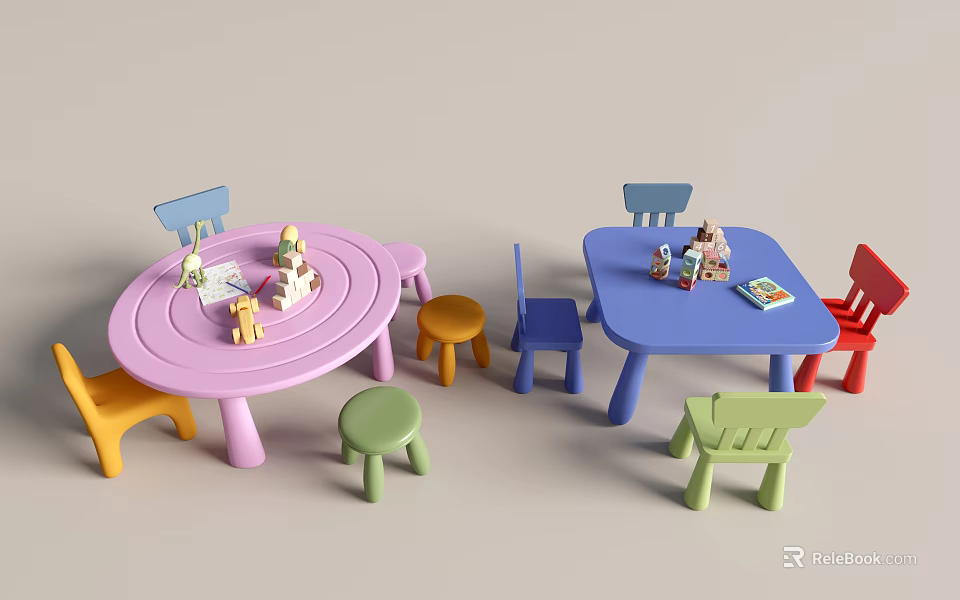 Colorful Children's Round Pink and Square Blue Tables with Chairs Toys and Books 3d model 