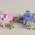 Colorful Children's Round Pink and Square Blue Tables with Chairs Toys and Books