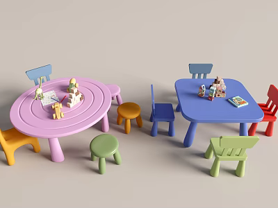 Colorful Children's Round Pink and Square Blue Tables with Chairs Toys and Books 3d model