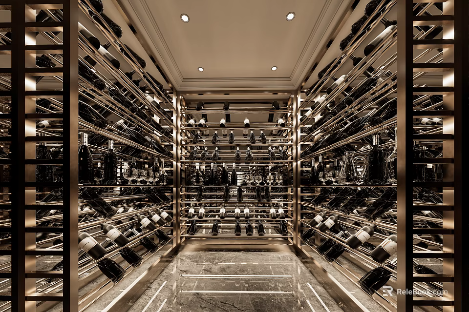 Luxurious Modern Wine Cellar With Metal Racks Wine Bottles Marble Floor And Lighting 3d model 