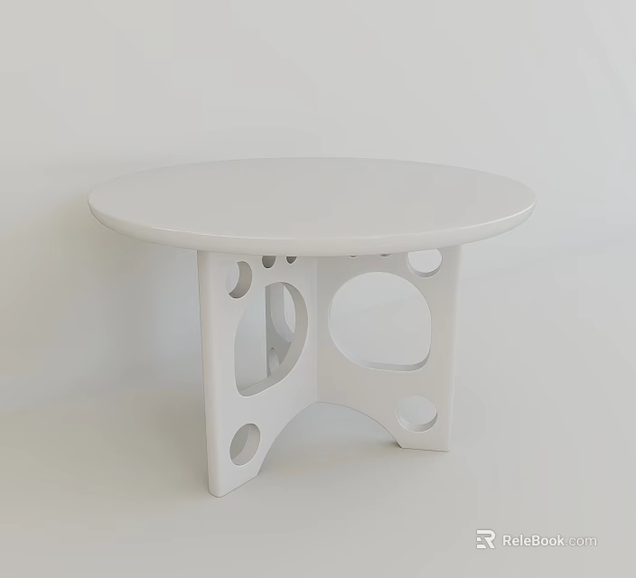 Round White Dining Table With Hollow Circular And Oval Leg Designs In Simple Modern Style 3d model 