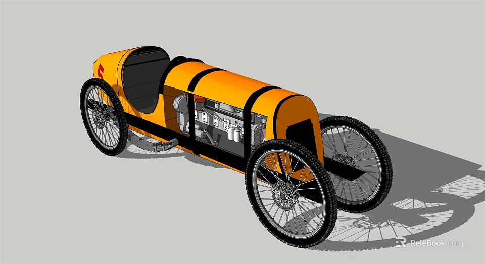 Vintage Yellow Race Car With Black Stripes And Exposed Engine Design 3d model 