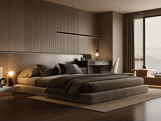 Antique Style Home Bedroom Double Bedside Table Wall Panel Chandelier Floating Windowsill Tatami Tea Table Solid Wood Desk and Chair Combination Carpet Hanging Painting 3d model