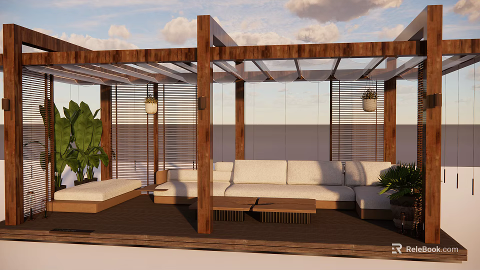 Elegant Outdoor Patio With Wooden Pergola White Sofa Wooden Flooring And Green Plants 3d model 