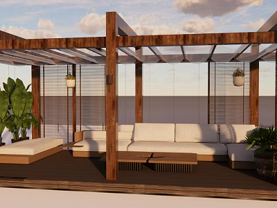 Elegant Outdoor Patio With Wooden Pergola White Sofa Wooden Flooring And Green Plants 3d model
