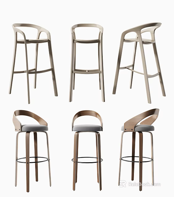 Stylish Bar Stools With Various Designs Wooden Frames And Upholstered Seats 3d model 