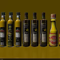 Various Types Of Condiment Bottles Arranged On Yellow Background With Labels