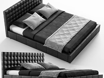 Modern Double Bed With Upholstered Diamond Stitched Headboard And Black Gray Bedding 3d model
