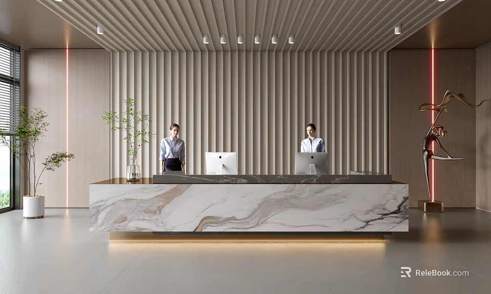 Modern Reception Desk With Marble Countertop Vertical Slat Wall Staff Working And Modern Lighting 3d model 