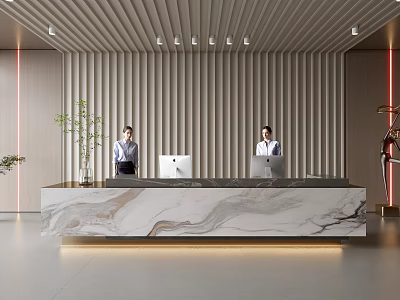 Modern Reception Desk With Marble Countertop Vertical Slat Wall Staff Working And Modern Lighting 3d model