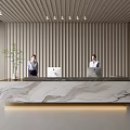 Modern Reception Desk With Marble Countertop Vertical Slat Wall Staff Working And Modern Lighting