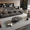 Modern Living Room With Gray Sofa Round Coffee Table Striped Rug And Wooden Bookshelf