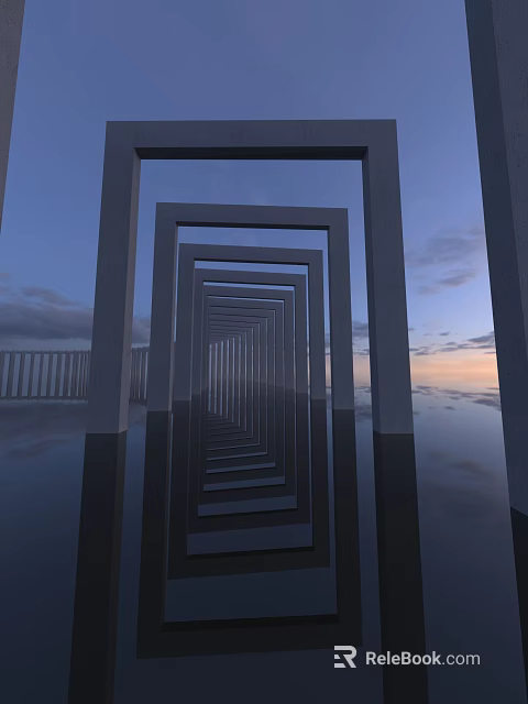 Modern Geometric Pergola with Symmetrical Frame Design Reflective Water Surface and Sunset Sky Background 3d model 