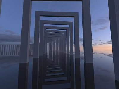 Modern Geometric Pergola with Symmetrical Frame Design Reflective Water Surface and Sunset Sky Background 3d model