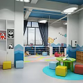 Colorful Kindergarten Interior With Green Tables Colorful Stools Blue Wave Decor And Cartoon TV