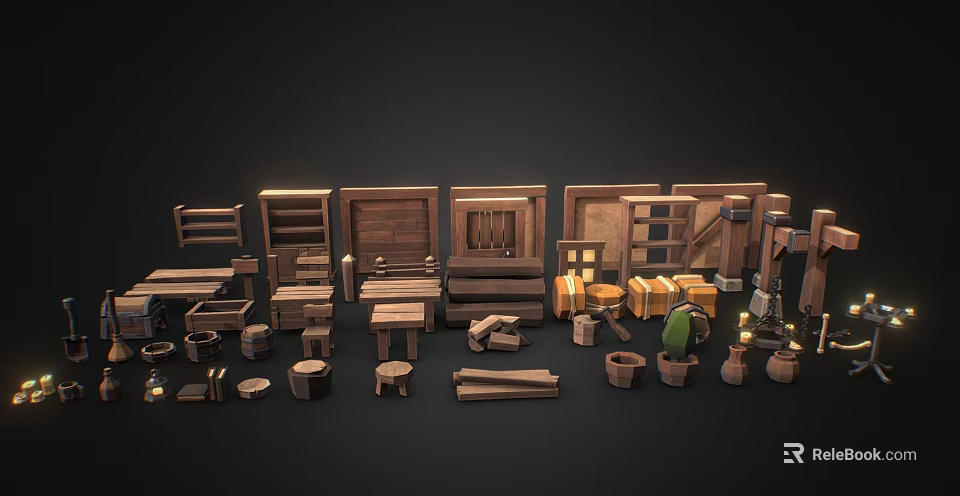 Wooden Furniture Components With Shelves Tables Stools Cabinets Crates Barrels And Cactus Plants 3d model 