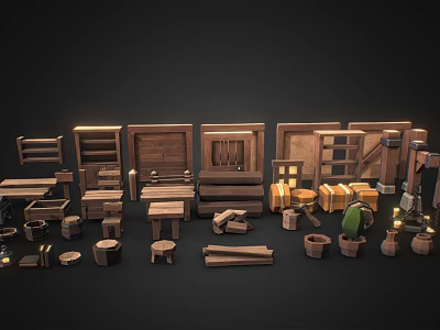 Wooden Furniture Components With Shelves Tables Stools Cabinets Crates Barrels And Cactus Plants 3d model