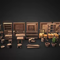 Wooden Furniture Components With Shelves Tables Stools Cabinets Crates Barrels And Cactus Plants