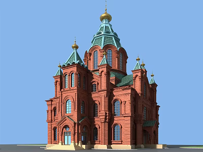European Style Architectural Building With Red Brick Green Roof Golden Dome Spires And Arched Windows 3d model