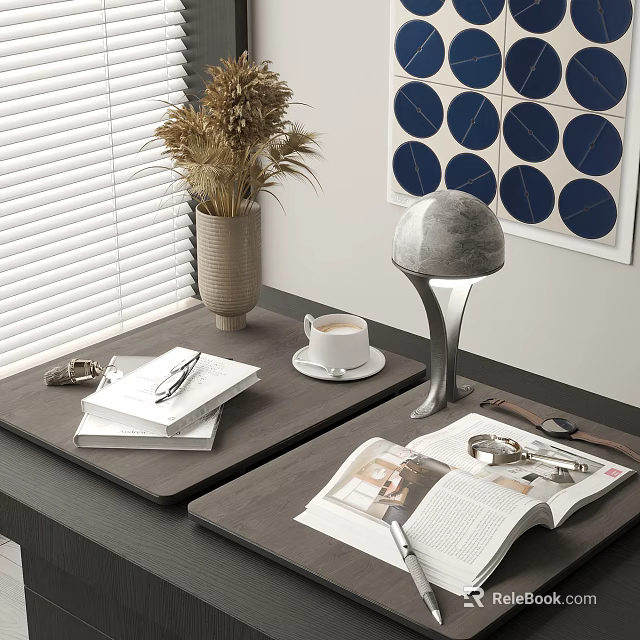Stylish Decorative Ornament Set With Table Lamp Vase Coffee Cup Books And Keys On Desk 3d model 