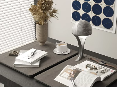 Stylish Decorative Ornament Set With Table Lamp Vase Coffee Cup Books And Keys On Desk 3d model