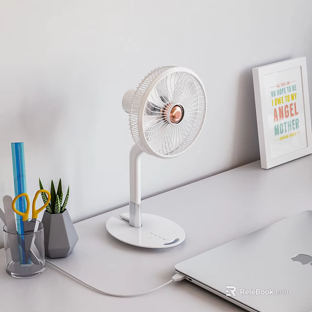 White Air Circulator Fan On Office Desktop 3d model 