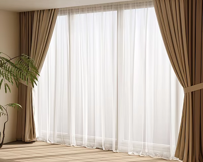 Elegant Brown Curtains With Sheer White Panels For Window In Bright Room 3d model