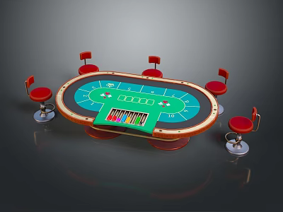 Commercial Roulette Table With Red Stools And Green Felt Casino Gaming Equipment 3d model