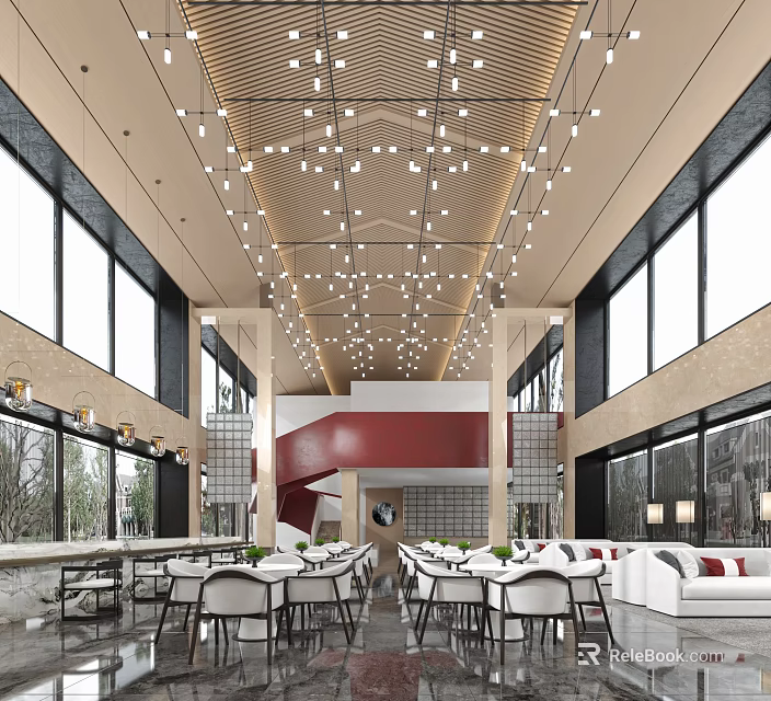 Modern Sales Office Interior With Large Windows Chandeliers Red Staircase Dining Tables And Sofa Area 3d model 