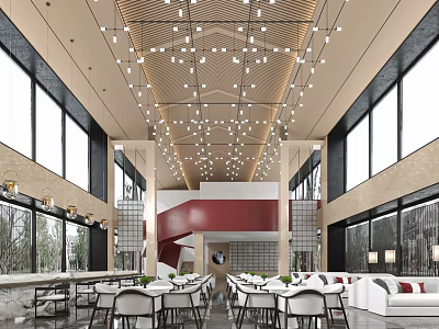 Modern Sales Office Interior With Large Windows Chandeliers Red Staircase Dining Tables And Sofa Area 3d model