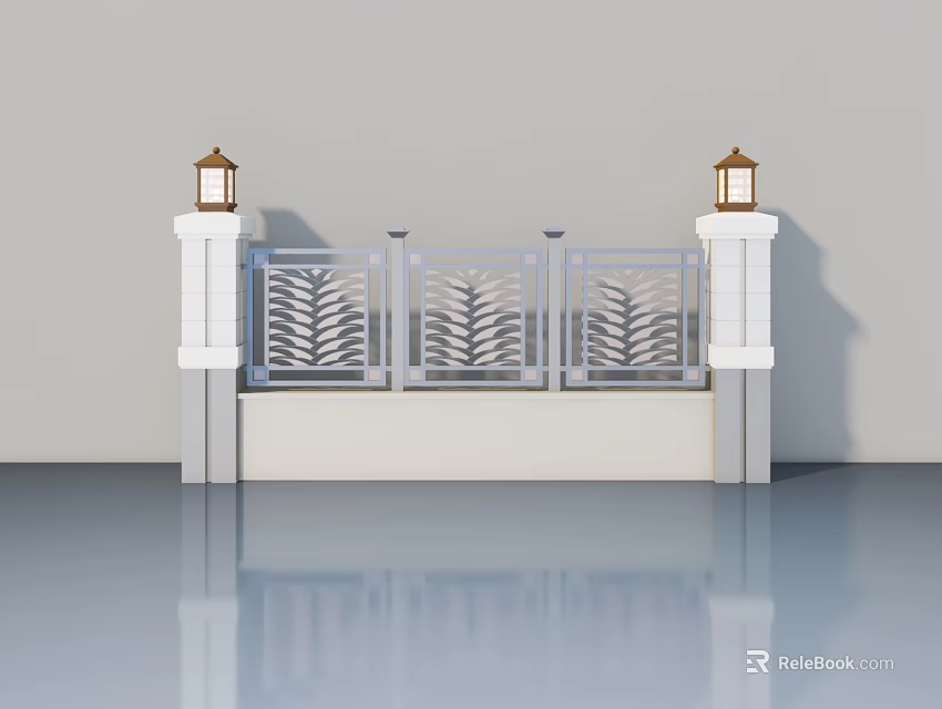 Modern Swing Door Design With White Railings And Decorative Lamp Posts 3d model