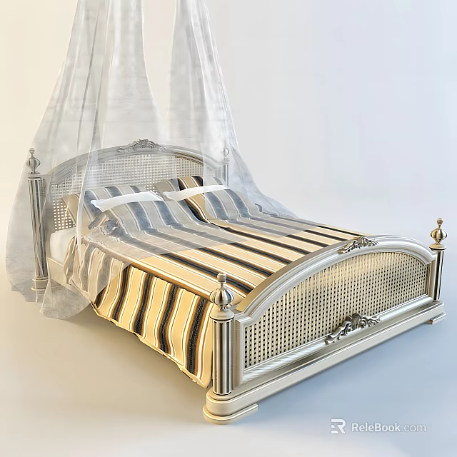 Classic Silver Metal Bed Frame Featuring White Canopy Striped Bedspread And Carved Details 3d model 