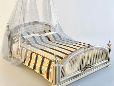Classic Silver Metal Bed Frame Featuring White Canopy Striped Bedspread And Carved Details 3d model
