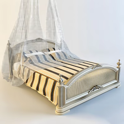 Classic Silver Metal Bed Frame Featuring White Canopy Striped Bedspread And Carved Details 3d model