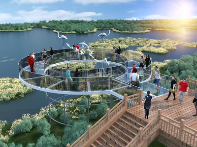 Spiral Scenic Bridge Over Lake with Green Trees People Walking White Cranes Flying at Sunset 3d model