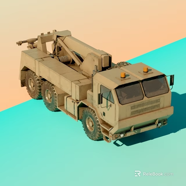 Military Utility Vehicle In Khaki With Crane Arm And Yellow Warning Lights 3d model 