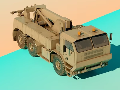 Military Utility Vehicle In Khaki With Crane Arm And Yellow Warning Lights 3d model