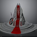 Ornate Stone Throne With Red Carpet Sword And Shield On Circular Steps