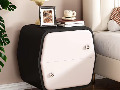 Bedroom Interior With Black And White Nightstand Photo Frame Mug Books And Green Plant 3d model