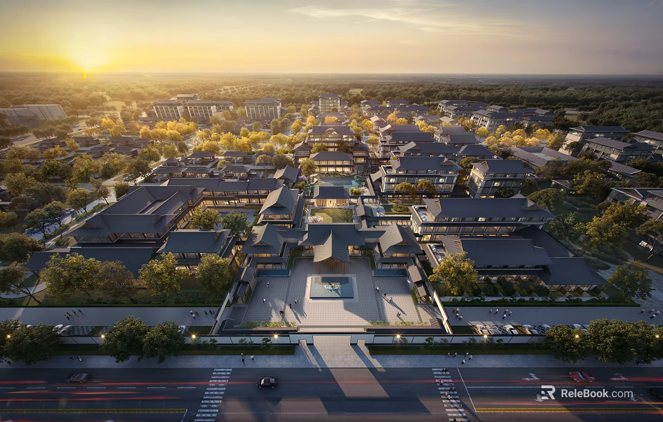 Aerial Planning of Traditional Architecture Community with Neat Layout and Greenery 3d model 