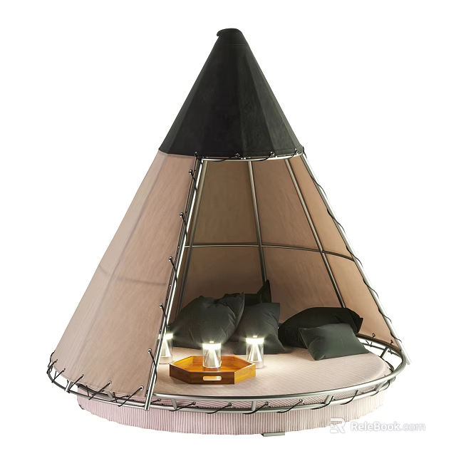 Cozy Teepee Tent With Black Top Beige Canvas Metal Frame And Black Pillows 3d model 