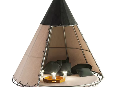 Cozy Teepee Tent With Black Top Beige Canvas Metal Frame And Black Pillows 3d model