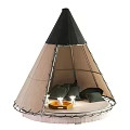 Cozy Teepee Tent With Black Top Beige Canvas Metal Frame And Black Pillows