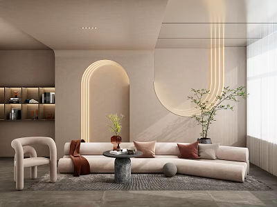 Modern Living Room Interior Design With Beige Sofa Arched Lighting Green Plants And Area Rug 3d model